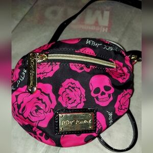 Betsey Johnson Mini Crossbody Fabric bag with skulls and roses.